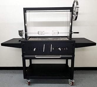 Black Outdoor Charcoal BBQ Parrilla Santa Maria/Argentine Rotisserie Grill Spit, with Stainless Steel #304 Grates, Wheels, Handle