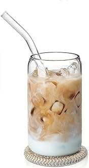 KELVEE Beer Glasses Can Shaped Glass Cups, Drinking Glasses with Glass Straw Set of 1, 500ml Tumbler for Cold Coffee, Smoothies, Juice, Soda, Any Drink and Any Occasion (Beer can)