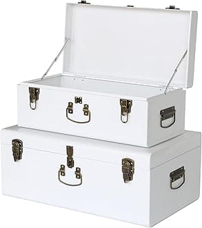 Vixdonos Decorative Metal Box Storage Trunks Set of 2 College Dorm Chest with Handle (White with Bronze Latches)