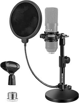 Multifunctional Desktop Microphone Stand, Adjustable Mic Stand Desk with Pop Filter, Shock Mount, Microphone Clip, 5/8" to 3/8" Metal Screw Adapter