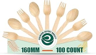 ECO SOUL [160mm, 100 Pack] Disposable Spoons & Forks Set Wooden Dining Flatware Ideal for Kids Birthday, Wedding & Party