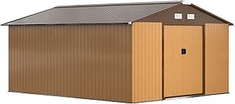 Outsunny 13 x 11ft Metal Garden Shed, Waterproof Outdoor Bike Storage Shed Galvanised with Vents, Foundation Kit, Apex Roof and Lockable Double Doors for Patio Lawn, Light Brown
