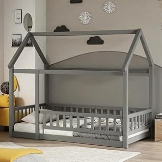 PVWIIK Twin Size Montessori Floor Bed with Roof & Fence Guardrails for Boys Girls Bedroom,Twin Size Floor Wooden Bed Frame,Easy Assemble,No Box Spring Needed, Gray