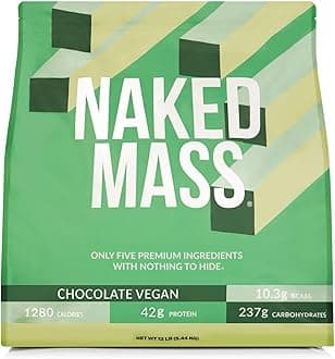 NAKED Vegan Mass - Chocolate Vegan Weight Gainer - 1,280 Calories, Non-GMO, Soy & Gluten Free, No Artificial Ingredients - 12LB Bulk - 17 Servings