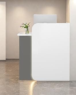 Reception Desk Office Checkout Counter, Modern Front Desk Reception Counter Desk with Lockable Drawer Simple Retail Counter for Retail, Lobby, Beauty Salon Clothing Store(Gray+White,24" Lx18 Wx39 H)