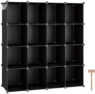 C&AHOME 16-Cube Storage Organizer Without Doors, Plastic Storage Cubes, DIY Closet Organizer, Modular Closet Storage Shelves Ideal for Home, Bedroom, Milky Black
