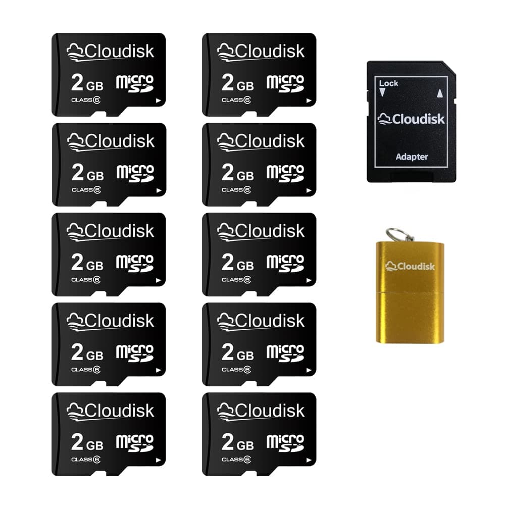 Pack of 10 Micro SD Card 2GB Flash Memory Card C6 with SD Adapter, Card Reader (2GB)