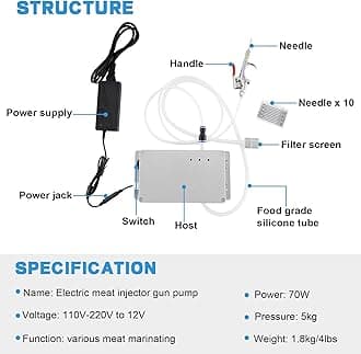 Meat Injector Gun Pump with Hose, Stainless Steel Electric Marinade Injector 70W Meat Syringe Single Gun with 10 Needles for Roast Turkey, Pork, Beef (Single Gun)