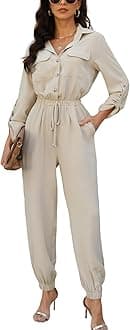 CUPSHEWomen Jumpsuit Long Sleeve Button-Front Drawstring Waist Maxi Jogger Jumpsuit Overalls Pockets Casual Pleated Long Romper