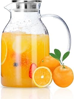 Vekonn Glass Pitcher with Lid, Glass Water Pitcher with Lid and Spout, 68 Ounces Heat Resistant Borosilicate Glass Carafe with Brush and Mixing Spoon, Temperature Safe