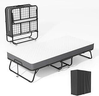 Folding Bed with 5 Inch Memory Mattress, 75” x 38” Foldable Twin Size with Wheels for Adults, Portable Rollaway Bed with Metal Frame for Apartment