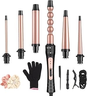 6 in 1 Curling Iron, Professional Curling Wand Set, Fast Heating Hair Curler with 6 Interchangeable Ceramic Barrels (0.35'' to 1.25'') for Women Quick Create Hairstyle in All Hair Type