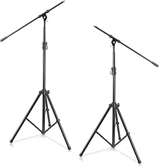 Pyle Adjustable Tripod Microphone Boom Stand - Pair of Universal Heavy Duty Lightweight Professional Compact Stage Studio Floor Standing Boom Mic Tripod Holder w/Standard 5/8" Mic Adapter PMKS56X2