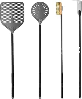 4-Piece Pizza Tool Set - 12" × 15" Perforated Aluminum Pizza Peel, 9" Round Turning Peel, Pizza Oven Cleaning Brush, Ash Rake, Pizza Oven Accessories, Pizza Kit for Pizza Lover