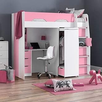 happybeds High Sleeper Storage Bed, Pegasus Wood Modern Desk Wardrobe Drawers Cupboards Loft Bunk (3FT - Pocket Sprung Mattress, Pink and White)