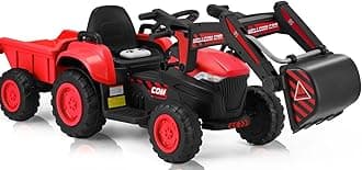 MELLCOMRide on Excavator, 12V Battery Powered Bulldozer Ride on Construction Vehicles with Trailer, Kids Car with Parent Remote, Ride on Toys with Digger, Horn, Lights, Music Player, Safety Belt, Red