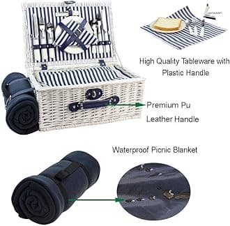 HappyPicnic Wicker Picnic Basket Cutlery Service Picnic Basket Insulated Cool Bag Picnic Set Wicker Basket for Camping, Outdoor, Christmas (L for 4 Persons White)