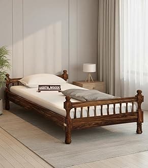 Solid Sheesham Wood Single Bed Cot Without Storage | Single Size Bed for Bedroom | Multipurpose Use Bed- Teak 6