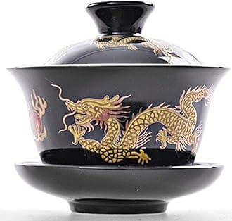 Porcelain Kung Fu Tea Cup and Saucer with Lid, Chinese Traditional Gaiwan Sancai Tea Bowl Tea Set Dragon Pattern (Black)