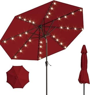 9FT Solar Umbrella 32 LED Lighted Patio Umbrella Table Market Umbrella w/Tilt and Crank Outdoor Umbrellas for Garden, Deck, Backyard, Pool and Beach, Red