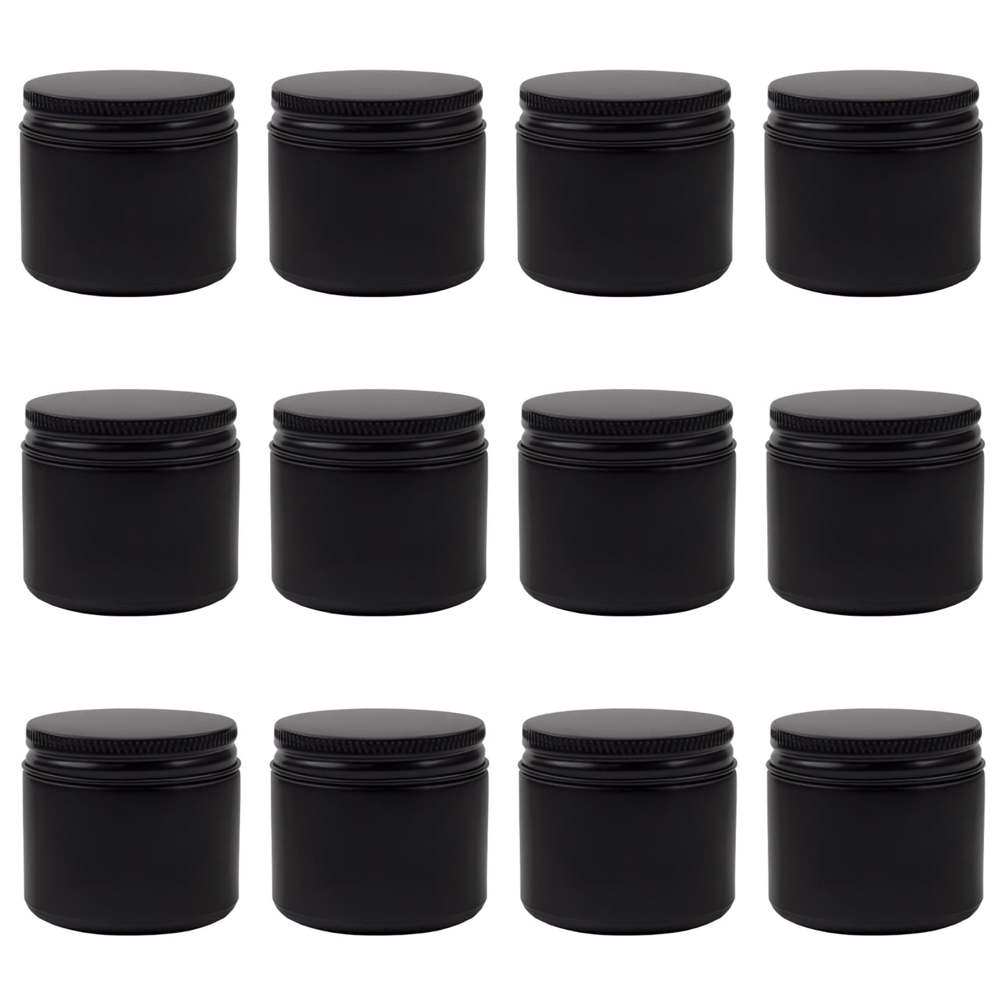 Cornucopia Brands 2-Ounce Black Coated Glass Jars (Pack of 12) Cosmetic Jars with Black Metal Lids and Black Matte Exterior
