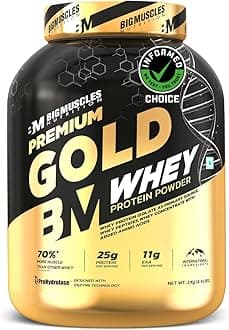 Bigmuscles Nutrition Premium Gold Whey [2Kg] | Informed Choice UK Certified | Isolate Whey Protein Blend | 25g Protein | 11g EAA | ProHydrolase Enzyme Technology [Strawberry Milkshake]