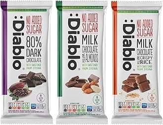 Diablo No Added Sugar Chocolate Bar – 3 Flavour Selection of 80% Dark, Milk with Almonds & Crispy Rice, Sweetened with Stevia, Gluten Free Chocolate for Gifts, Birthdays & Hampers, 75g (Pack of 3)