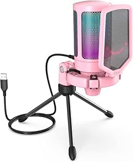 USB Gaming PC Microphone for Streaming Podcasts, AmpliGame RGB Computer Condenser Desktop Mic, Cardioid Pattern for YouTube Video, Plug and Play on PS4 PS5, with Quick Mute, Mic Gain-A6V Pink