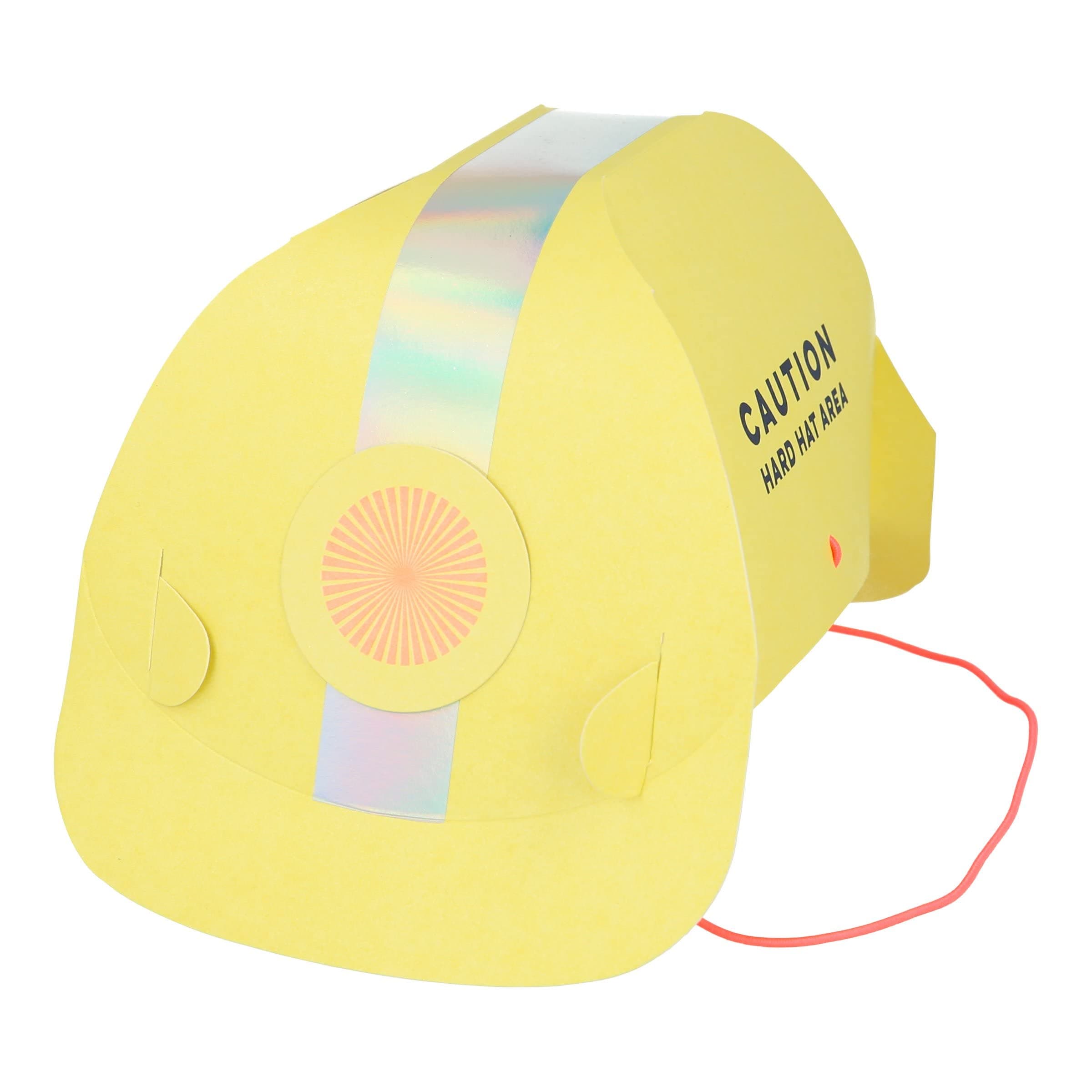 Meri Meri Construction Party Hats 8 Pack Featuring “Caution Hard Hat Area” Design with Shiny Silver Holographic Foil and Bright Orange Elastic for Construction-Themed Birthday Parties