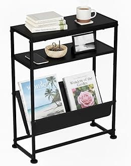 Narrow End Table for Small Spaces - Slim Side Table with Magazine Holder,2 in 1 Design Narrow Coffee Table Living Room,Skinny Bedroom Nightstand Thin Side Magazine Table,Black