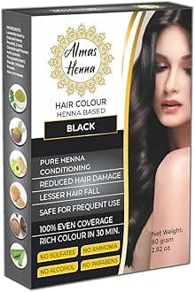 ALMAS HENNA 80 GRAM Hair Color, Henna Powder Infused with Goodness of Herbs, 100% grey covered For Soft Shiny Hair, henna hair dye (2.82 OUNCE, BLACK)