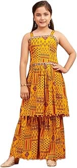 aarikkaGirls Ethnic Wear Black Colour Printed/Mirror Lace Polyester Kurti Sharara Set