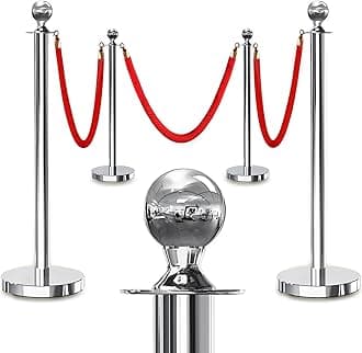 4PCS Silver Stanchions Posts with 3PCS 5 ft Red Velvet Rope, Red Velvet Rope Stanchion Set Crowd Control Barriers, Stanchions and Velvet Ropes Red Carpet Poles for Party Supplies