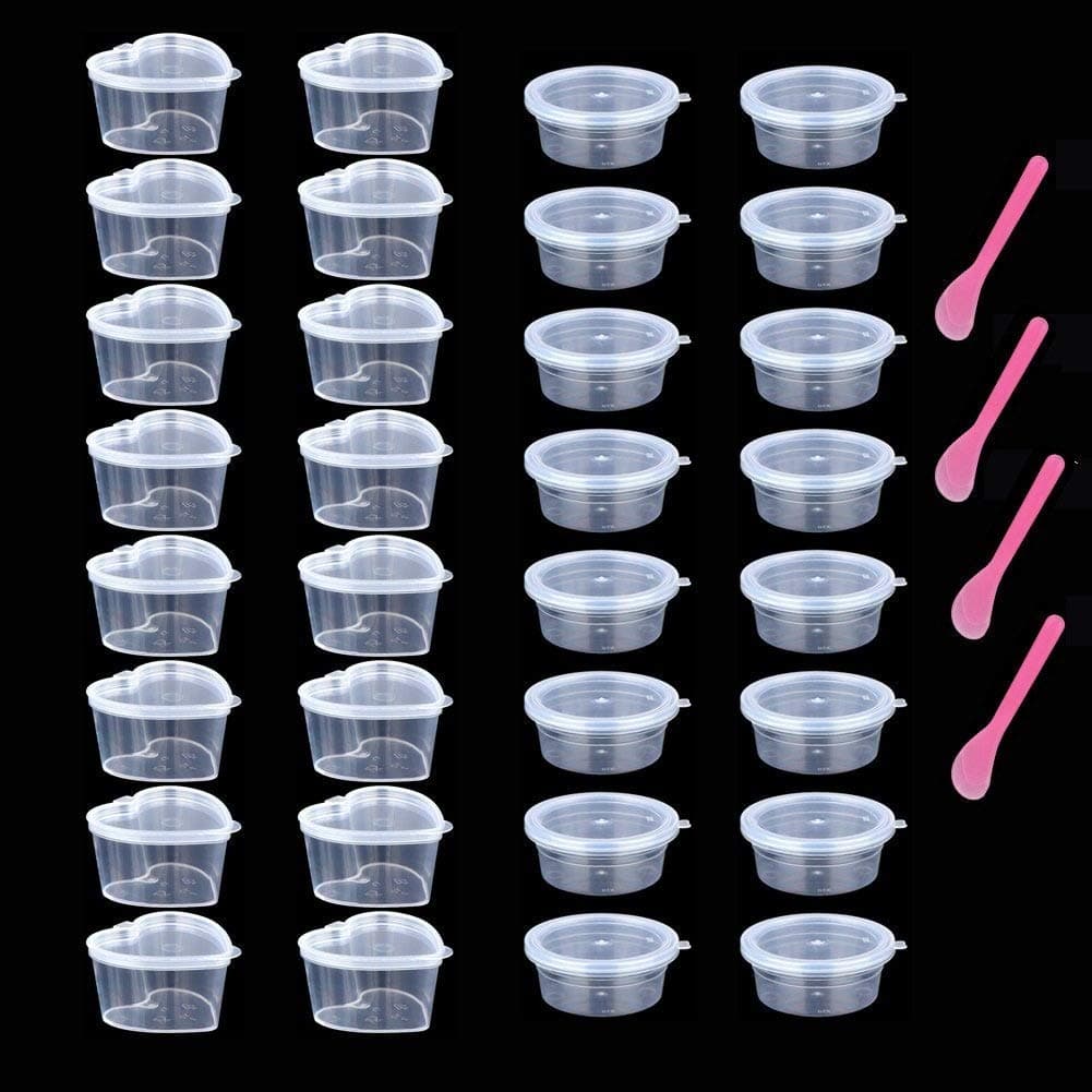 SAIYU Slime Storage Container 32 Pcs Clear Plastic Foam Ball Storage Containers with Lids for Soft Clay Glue Water Cosmetic, Reusable(16 Pcs Circular + 16 Pcs Heart Shaped + 4 Pcs Spoons, 20g/0.7oz)