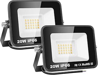 PICAA 2PCS 20W LED Flood Lights Outdoor, Super Bright Security Lights, IP66 Waterproof Floodlight, Warm White (3500K) Wall Light, Perfect for Garden, Yard, Garage, Patio,Warehouse, Parking Lot [Energy Class F]