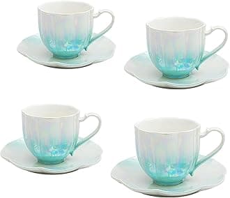 tea cup set ceramic tea cups and saucers set of 4 for Coffee, Cappuccino, Latte,Cafe Mocha, Americano and Tea Porcelain Mugs 6.7 Ounce for Kitchen or Cafe