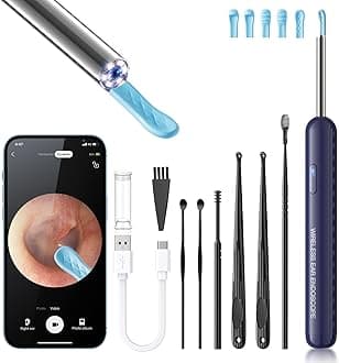 Ear Wax Removal, Ear Cleaner with Camera and Light, Ear Wax Removal Kit with 8 Pcs Set, Ear Wax Removal Tool Camera with 1080P, Ear Cleaning Kit with 6 Spoons, Ear Camera for iOS & Android (Blue)