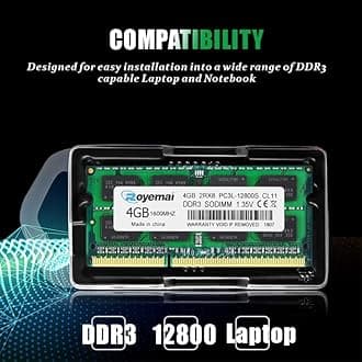 4GB DDR3 / DDR3L 1600MHz SODIMM RAM, Royemai PC3L-12800 2Rx8 1.35V 1.5V CL11 204-pin Notebook Laptop RAM Memory Module