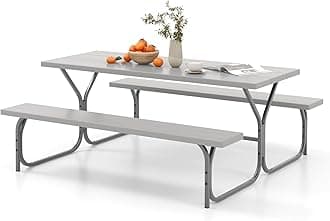 COSTWAY 8 Seater Picnic Table and Bench Set, Portable Camping Trestle Table Chairs with Umbrella Hole, Outdoor Heavy Duty Dining Table Set Furniture for BBQ Pub Garden Patio Poolside (Grey)