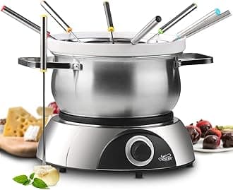 ArtestiaSwiss Design Large Capacity Electric Fondue Pot - 1-QT Ceramic Fondue for Cheese, Chocolat & 2.6-QT S/S Fondue Pot for Broth, Hot Oil, 1500W Temperature Control, 8 Color-Coded Forks, S/S Base