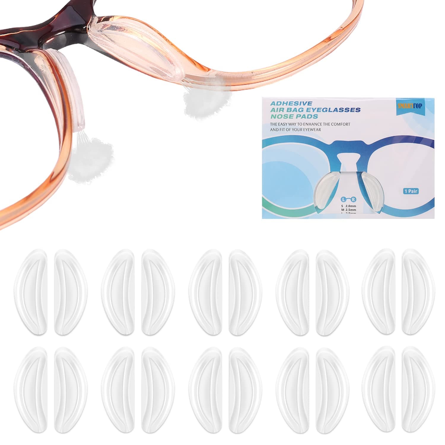 Upgraded Eyeglasses Silicone Nose Pads, 10pairs 2mm Air Chamber Anti-Slip Adhesive Nose Pads-One Hole in Both Side Design More Soft and Comfortable-for Full Frame Sunglasses Reading Spectacle