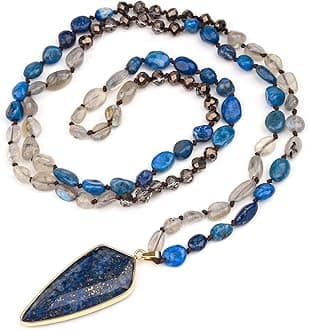 Long Necklaces for Women Boho, Oval Waterdrop Turquoise Pendant, Natural Ston...