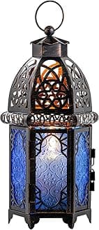 DECORKEY Vintage Candle Lantern, Moroccan Style Decorative Hanging Lantern, Metal Tabletop Lantern, Christmas Candle Holders for Outdoor Patio (Blue)