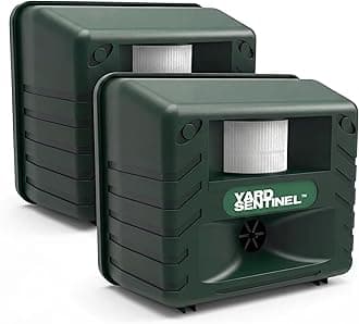 Includes AC Adapter, Extension Cord Pest Repeller Yard Sentinel 2 Pack Outdoor Ultrasonic Animal Control, Green, Sound Frequency:15 kHz -18 kHz