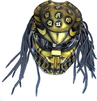 Motorcycle Helmet, Creative Predator Motorcycle Locomotive Full Face Helmet with Led Warning Lights and HD Anti-Fog Lenses for Outdoor Riding Or Club Parties, DOT Certified,Gold b,L