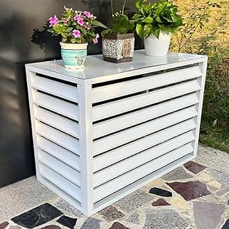 Aluminum Air Conditioner and Heat Pump Cover Mini Split Air Conditioner Cover for Outdoor Units with Shelf Plant Stand Outdoor AC Unit Cover with Noise Reduction White Flat