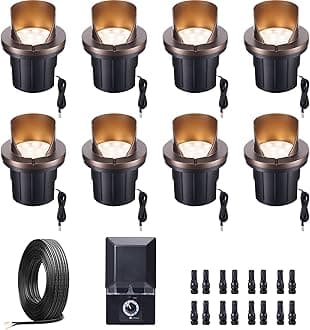 Landscape Well Light Kit, 8 Pack LED Low Voltage In Ground Lights and 100W Transformer and 100FT Cable and 30 Wire Connectors, IP67 Waterproof 12V Outdoor Aluminum for Tree Fence
