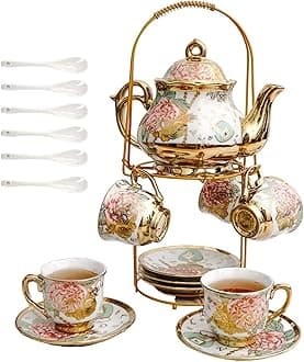 20 Pieces European Vintage Ceramic Tea Set with Metal Cup Holder, Adult Tea Set, Women's Afternoon Tea Set (golden rose, Large)