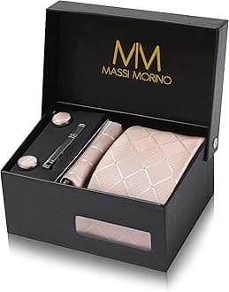 Massi Morino Tie and Pocket Square Set for Men incl. Cufflinks, Tie Clip and Gift Box | Men’s Tie Set for Weddings