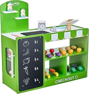 VEVOR Kids Pretend Play Grocery Store, Wooden Play Market Stand with Shopping Bag, Conveyor Belt, Scanner, Cash Register, Realistic Scale, Gift for Boys & Girls